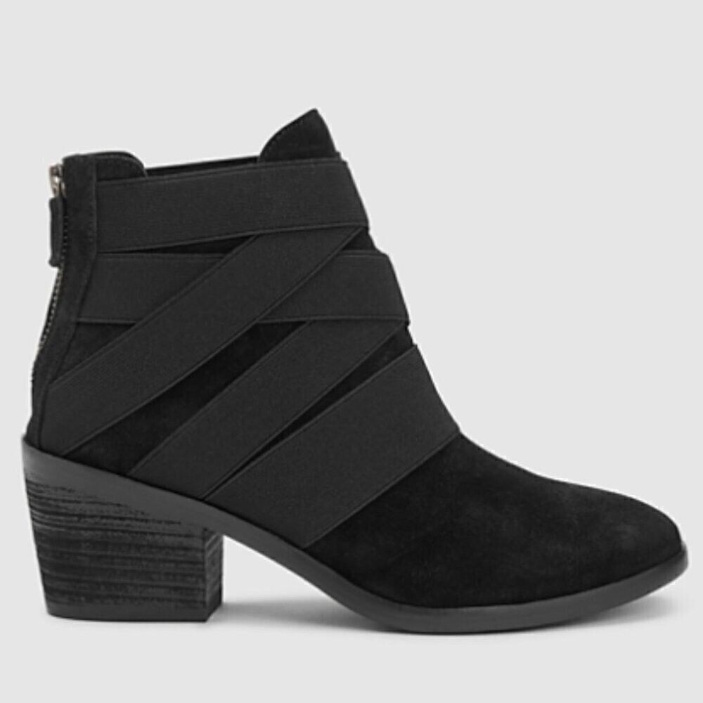 Eileen Fisher Boots Sz 6.5 Suede Black Willis Elastic Cross Straps Ankle Bootie